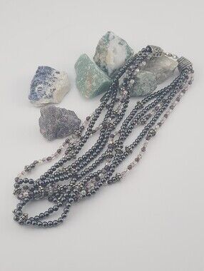 $88 KISSAKA Multi-Strand Gray Glass Pearl & AB Crystal Statement Necklace!